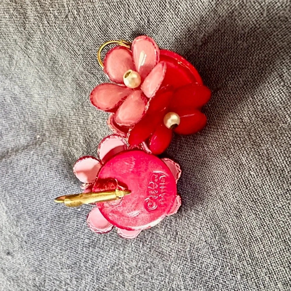 Ciléa Paris Drop Earrings. 2-tone Pink w/ Resin’d Leather & Pearl Beads. - Picture 2 of 10
